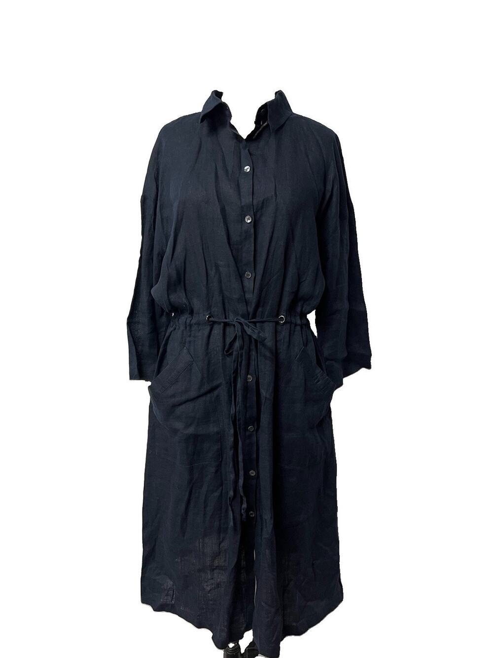 Jigsaw 100% Linen Navy Blue Shirt Dress Pockets Cinch Waist Pockets SZ M